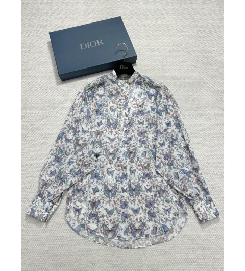디올 블라우스 화이트 코튼 모슬린 & 멀티 컬러 Toile de Jouy Papillon 모티브 521B68A3A48_X0807 36 38 40 #타지아