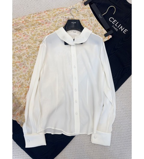 셀린느 블라우스 리본 장식 실크 크레이프와 아세테이트 미아 셔츠 아이보리 RC05S008D.01AV 36 38 40 100% 실크