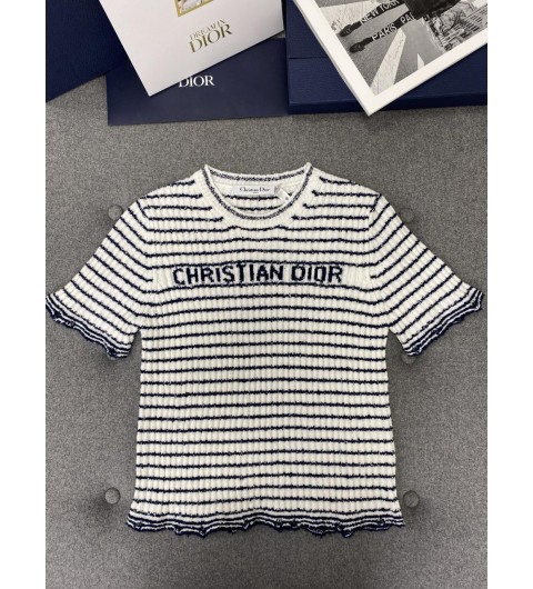 디올 Dior 마리니에르 반소매 탑 네이비 블루 & 화이트 리브드 코튼 니트 514S75A7014_X0883 36 38 40