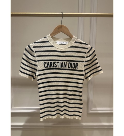 디올 Dioriviera 크롭 반소매 스웨터 화이트 & 네이비 블루 D-Stripes 린넨 실크 니트 544S15A7034_X0883 S M L