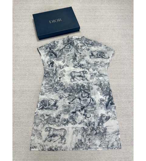 디올 Dioriviera 캡 슬리브 롱 블라우스 화이트 & 네이비 블루 Toile de Jouy Sauvage 코튼 모슬린 541B36A3877_X0861 36 38 40 #타지아