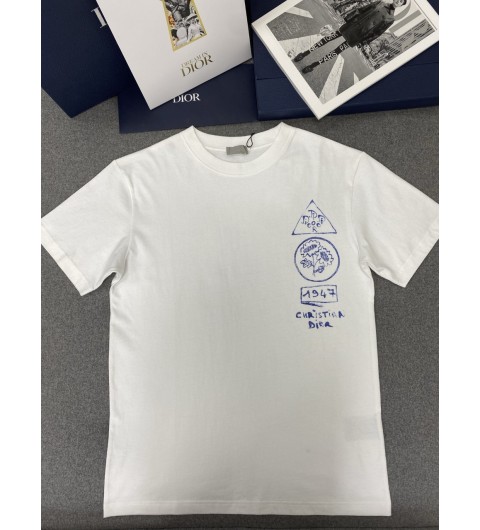 디올 DIOR AND HYLTON NEL 티셔츠, 캐주얼 핏 블루 코튼 저지 583J696B0817_C589 S M L XL